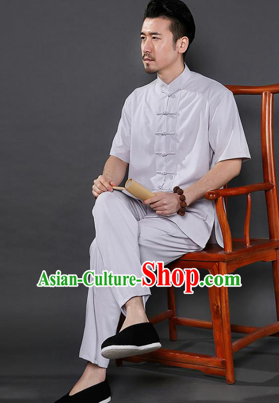 Chinese National Light Grey Shirt and Pants Traditional Tang Suit Martial Arts Costumes Complete Set for Men