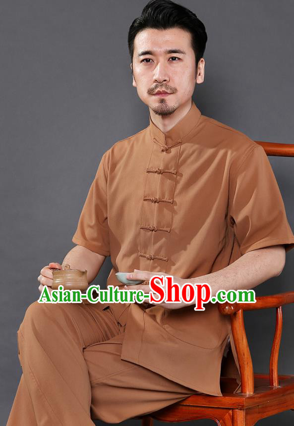 Chinese National Ginger Shirt and Pants Traditional Tang Suit Martial Arts Costumes Complete Set for Men