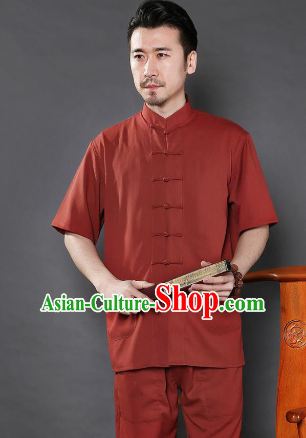 Chinese National Purplish Red Shirt and Pants Traditional Tang Suit Martial Arts Costumes Complete Set for Men