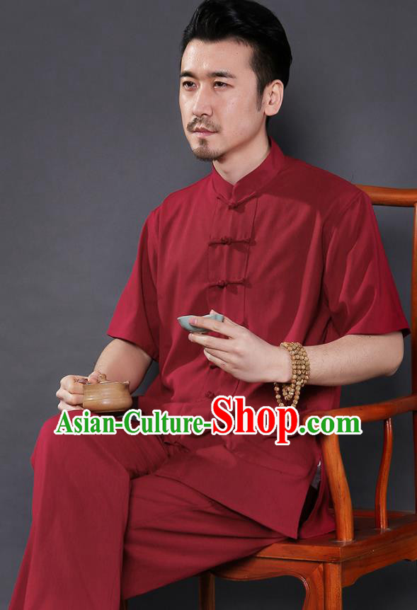Chinese National Wine Red Shirt and Pants Traditional Tang Suit Martial Arts Costumes Complete Set for Men