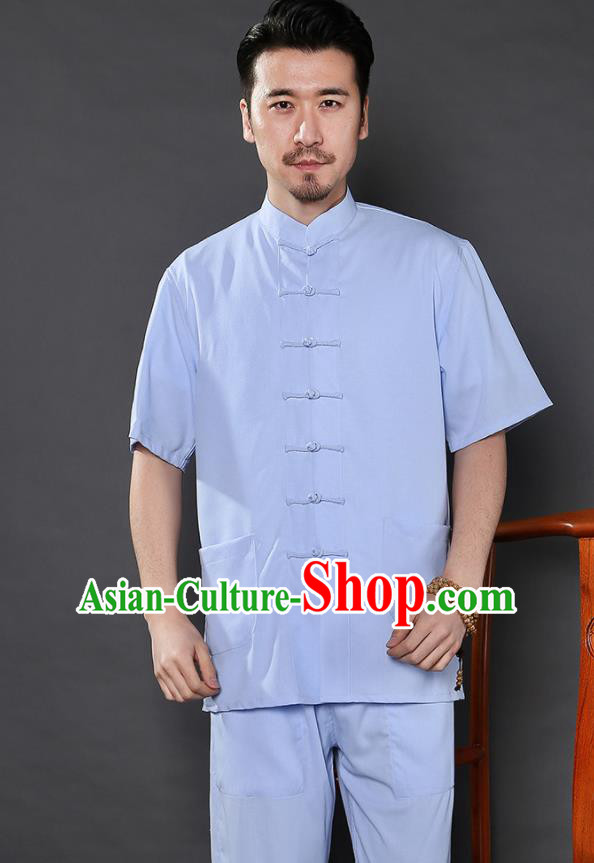Chinese National Light Blue Shirt and Pants Traditional Tang Suit Martial Arts Costumes Complete Set for Men