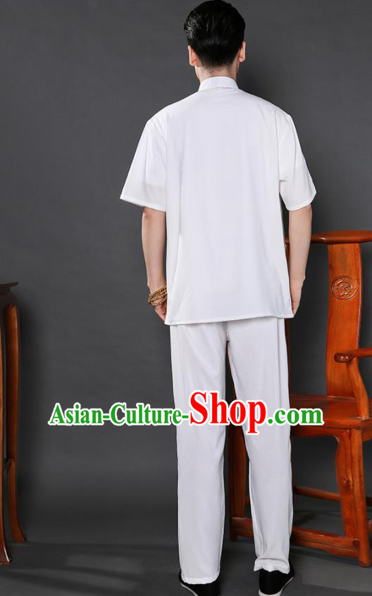 Chinese National White Shirt and Pants Traditional Tang Suit Martial Arts Costumes Complete Set for Men