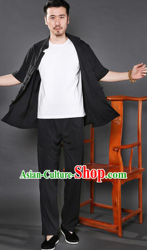 Chinese National Black Shirt and Pants Traditional Tang Suit Martial Arts Costumes Complete Set for Men