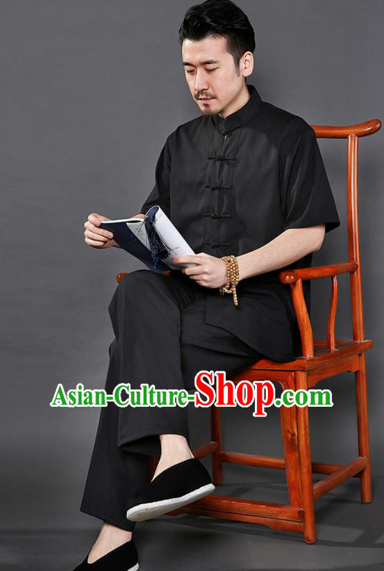 Chinese National Black Shirt and Pants Traditional Tang Suit Martial Arts Costumes Complete Set for Men