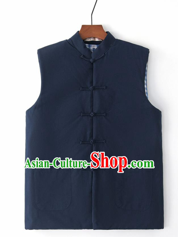 Chinese National Tang Suit Navy Vest Traditional Martial Arts Waistcoat Costumes for Men