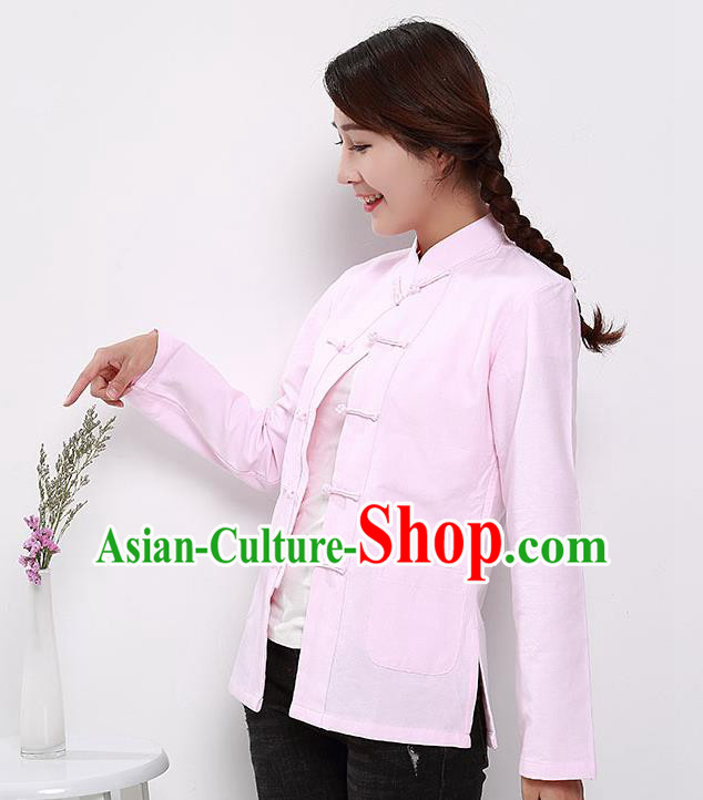 Chinese National Tang Suit Light Pink Blouse Traditional Martial Arts Shirt Costumes for Women