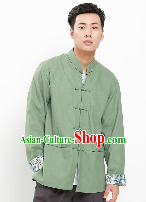 Chinese National Tang Suit Green Flax Shirt Traditional Martial Arts Upper Outer Garment Costumes for Men