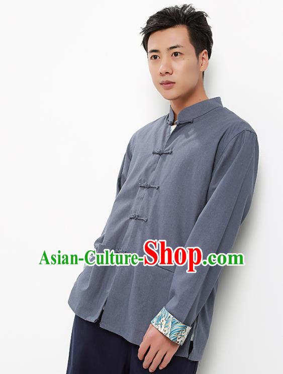 Chinese National Tang Suit Grey Flax Shirt Traditional Martial Arts Upper Outer Garment Costumes for Men