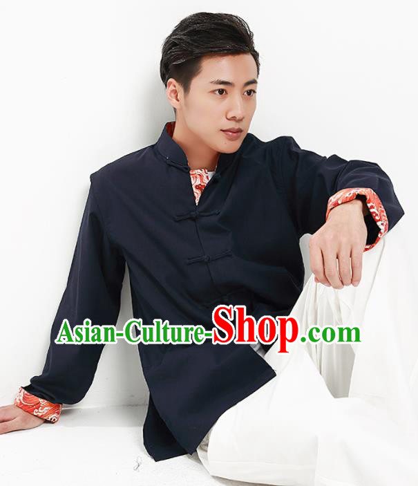 Chinese National Tang Suit Navy Flax Shirt Traditional Martial Arts Upper Outer Garment Costumes for Men