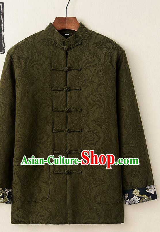 Chinese National Tang Suit Olive Green Thicken Jacket Traditional Martial Arts Costumes for Men