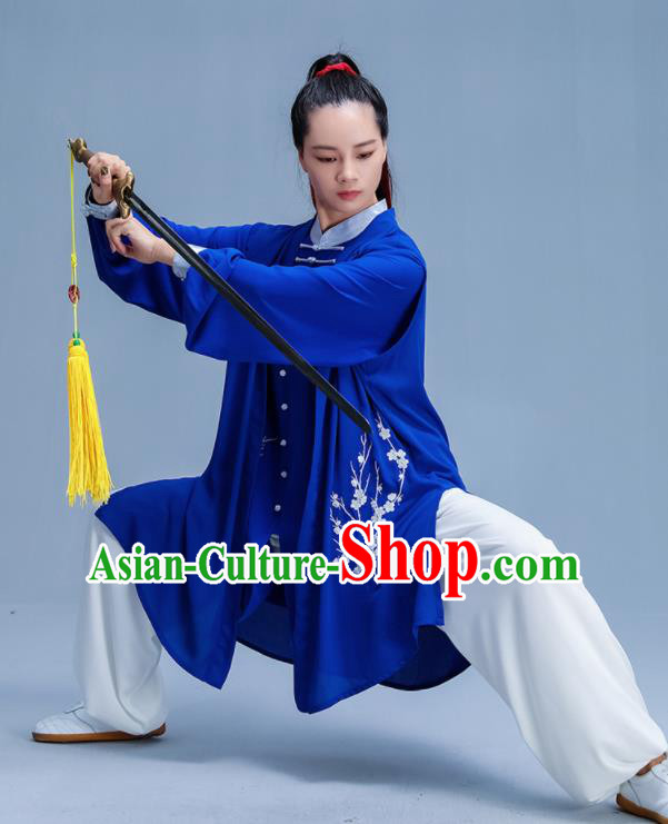 Chinese Traditional Kung Fu Printing Plum Royalblue Garment Outfits Martial Arts Stage Show Costumes for Women
