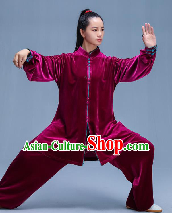 Chinese Traditional Kung Fu Wine Red Velvet Garment Outfits Martial Arts Stage Show Costumes for Women