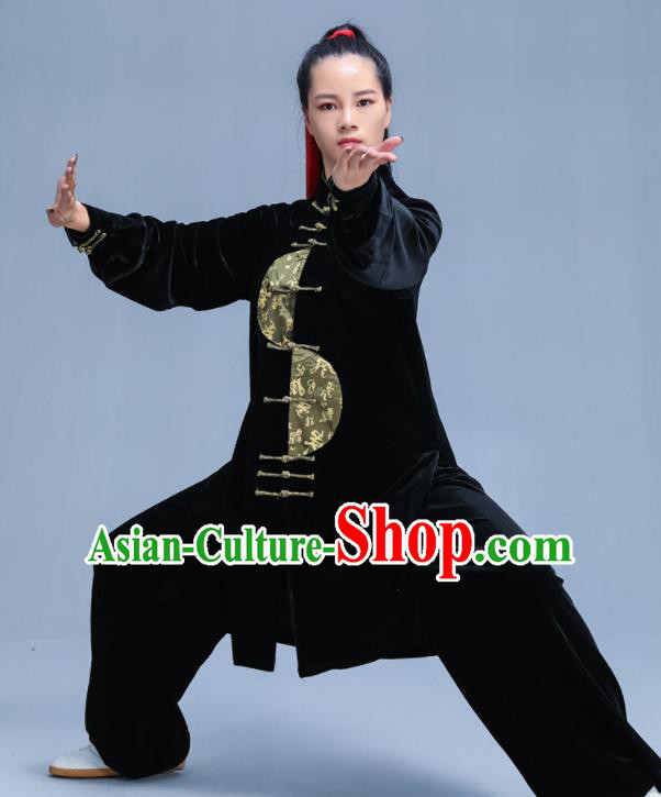 Chinese Traditional Kung Fu Black Velvet Garment Outfits Martial Arts Stage Show Costumes for Women