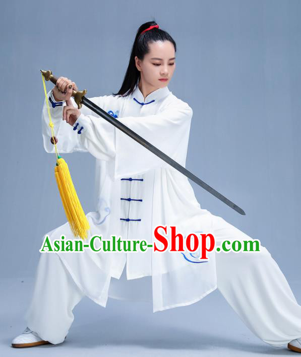 Chinese Traditional Kung Fu Embroidered Cloud White Garment Outfits Martial Arts Stage Show Costumes for Women