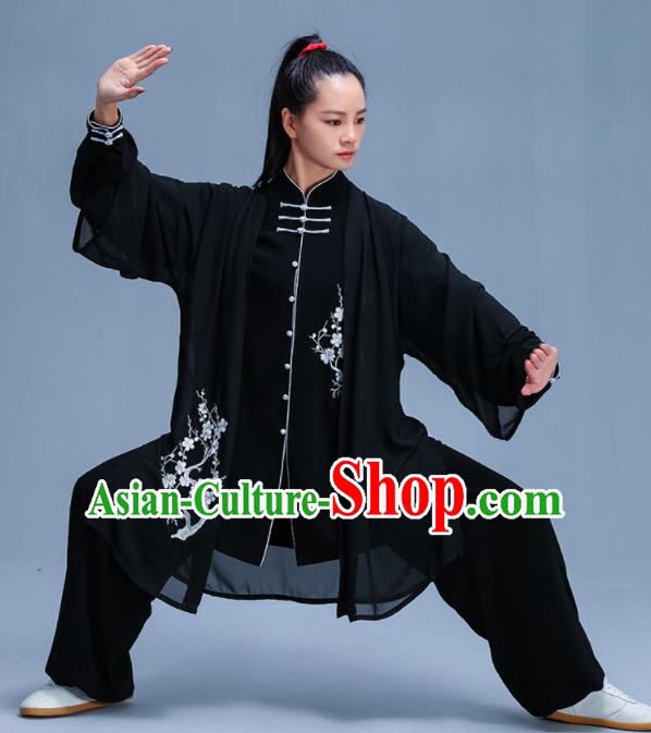 Chinese Traditional Kung Fu Embroidered Plum Blossom Black Garment Outfits Martial Arts Stage Show Costumes for Women