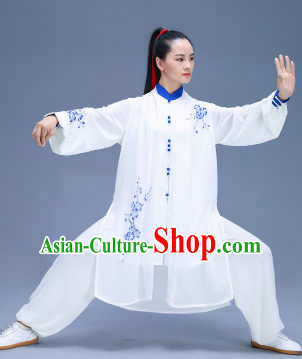 Chinese Traditional Kung Fu Training Printing Plum Blossom White Garment Outfits Martial Arts Stage Show Costumes for Women