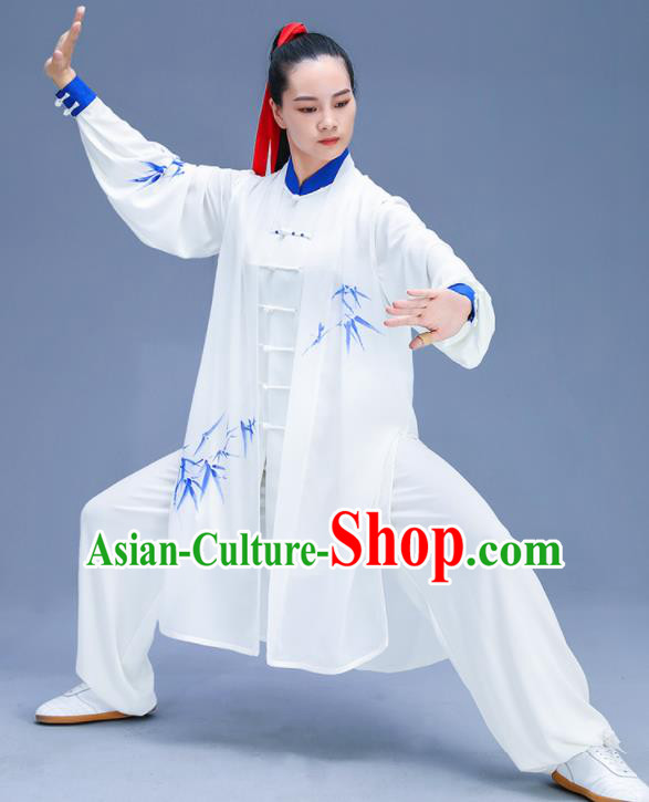 Chinese Traditional Kung Fu Training Printing Bamboo White Garment Outfits Martial Arts Stage Show Costumes for Women