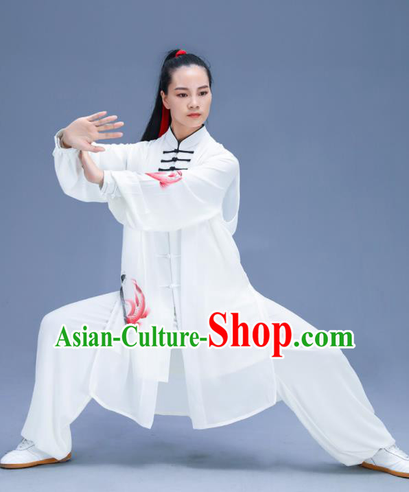 Chinese Traditional Kung Fu Training Printing Carps White Garment Outfits Martial Arts Stage Show Costumes for Women