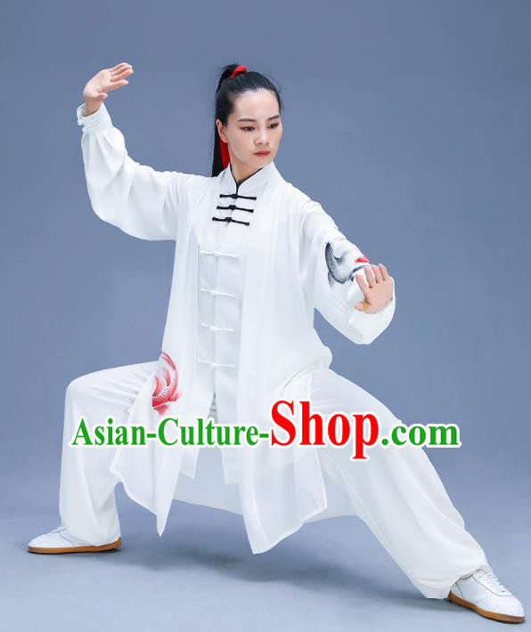 Chinese Traditional Kung Fu Training Printing Carps White Garment Outfits Martial Arts Stage Show Costumes for Women