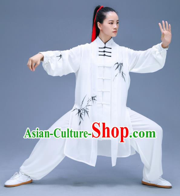 Chinese Traditional Kung Fu Training Ink Painting Bamboo White Garment Outfits Martial Arts Stage Show Costumes for Women