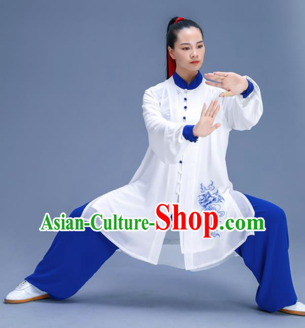 Chinese Traditional Kung Fu Training Embroidered Peony White Garment Outfits Martial Arts Stage Show Costumes for Women