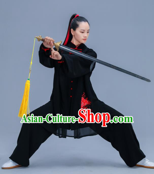 Chinese Traditional Kung Fu Training Embroidered Peony Black Garment Outfits Martial Arts Stage Show Costumes for Women