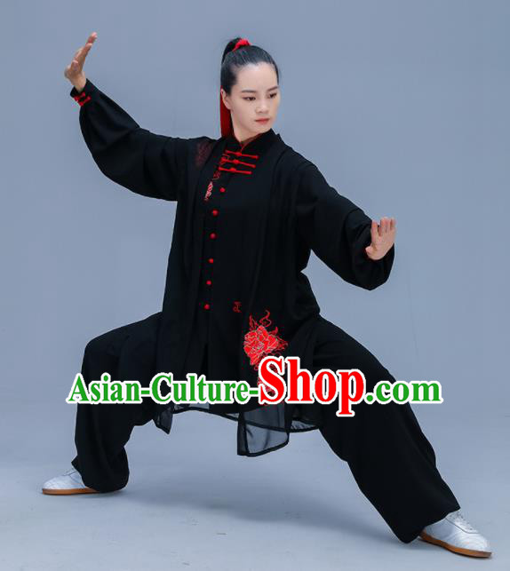 Chinese Traditional Kung Fu Training Embroidered Peony Black Garment Outfits Martial Arts Stage Show Costumes for Women