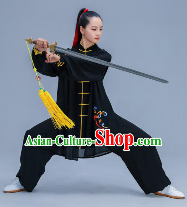 Chinese Traditional Kung Fu Training Embroidered Cloud Black Garment Outfits Martial Arts Stage Show Costumes for Women