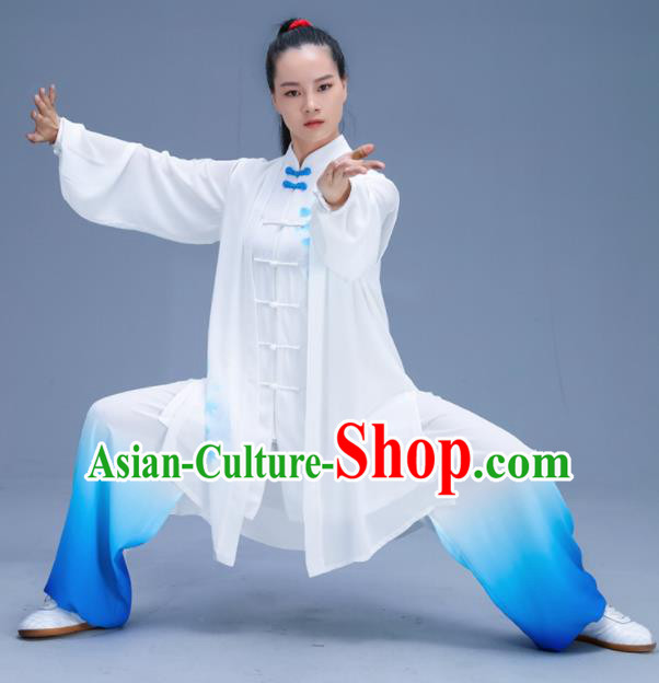 Chinese Traditional Kung Fu Training Gradient Blue Garment Outfits Martial Arts Stage Show Costumes for Women