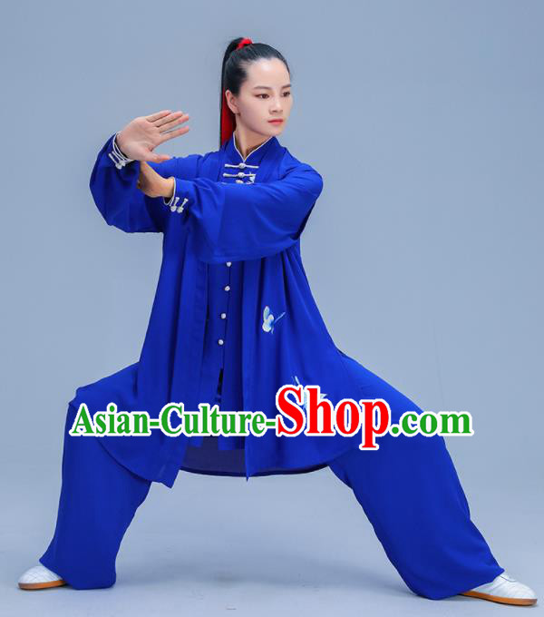 Chinese Traditional Kung Fu Training Printing Butterfly Royalblue Garment Outfits Martial Arts Stage Show Costumes for Women