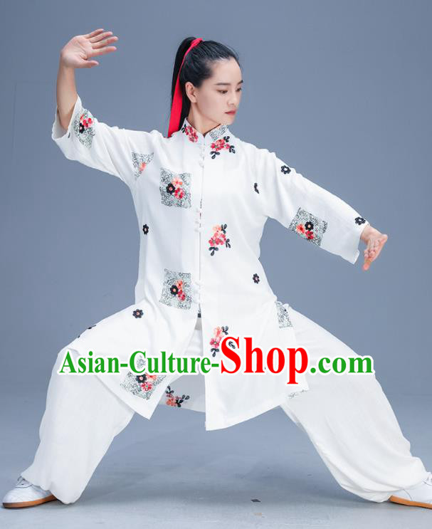 Chinese Traditional Kung Fu Tai Chi Training Printing White Garment Outfits Martial Arts Stage Show Costumes for Women