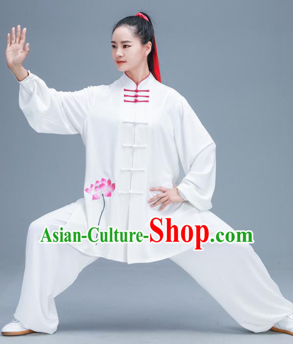 Chinese Traditional Kung Fu Tai Chi Training Embroidered Pink Lotus Garment Outfits Martial Arts Stage Show Costumes for Women