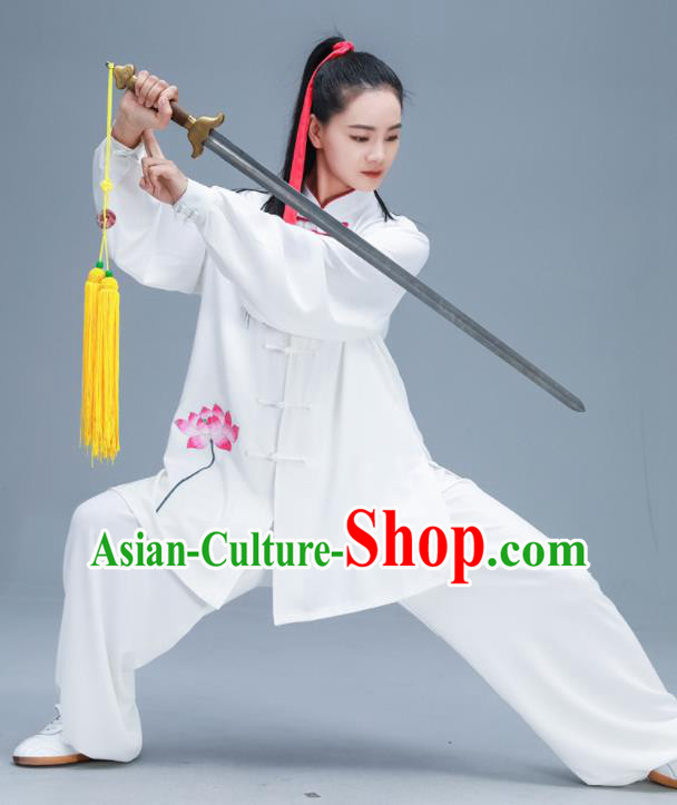 Chinese Traditional Kung Fu Tai Chi Training Embroidered Pink Lotus Garment Outfits Martial Arts Stage Show Costumes for Women