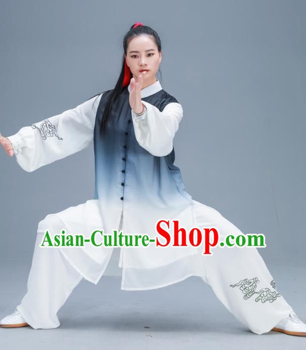 Chinese Traditional Kung Fu Tai Chi Gradient Grey Garment Outfits Martial Arts Training Costumes for Women