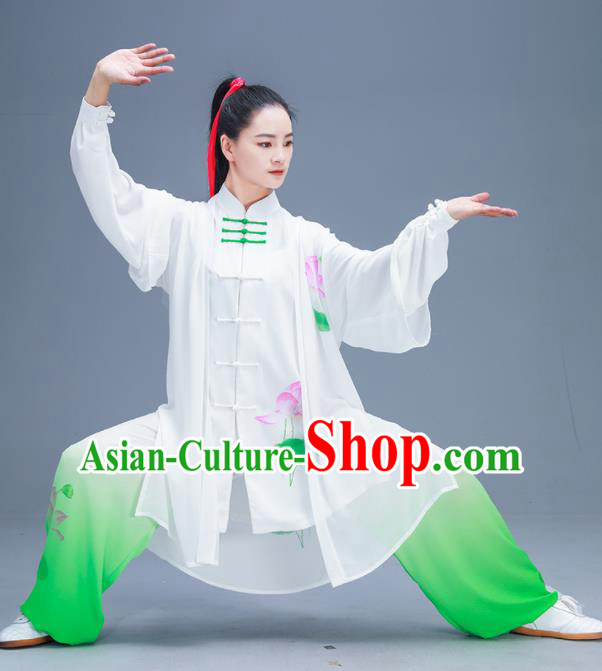 Chinese Traditional Kung Fu Tai Chi Printing Lotus Garment Outfits Martial Arts Training Costumes for Women