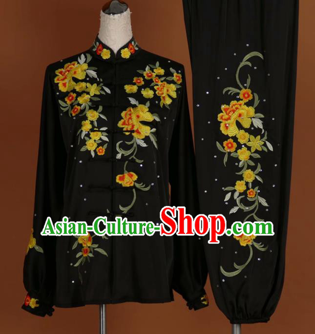 Chinese Tai Chi Embroidered Peony Black Garment Outfits Traditional Kung Fu Martial Arts Training Costumes for Women