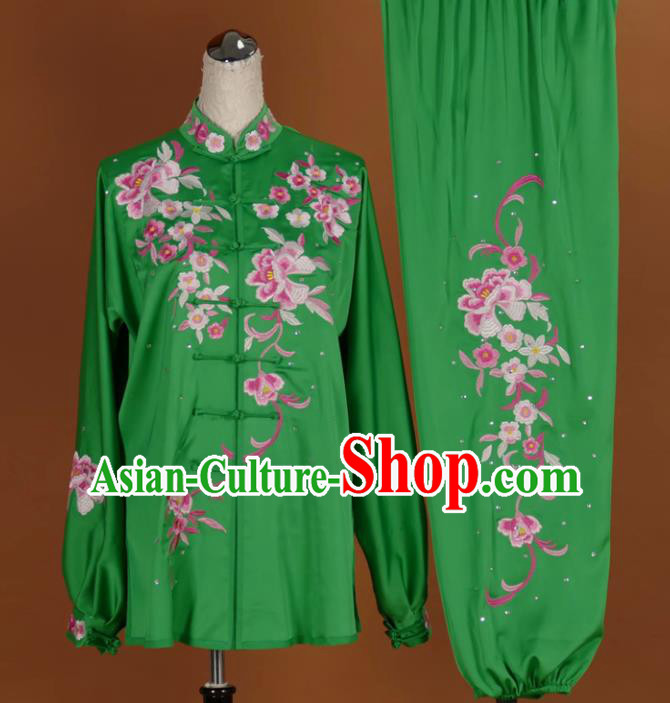 Chinese Tai Chi Embroidered Peony Green Garment Outfits Traditional Kung Fu Martial Arts Training Costumes for Women