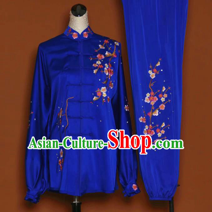 Chinese Tai Chi Embroidered Plum Royalblue Garment Outfits Traditional Kung Fu Martial Arts Training Costumes for Women