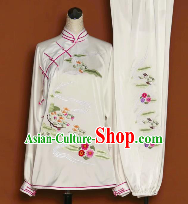 Chinese Tai Chi Embroidered White Silk Garment Outfits Traditional Kung Fu Martial Arts Training Costumes for Women