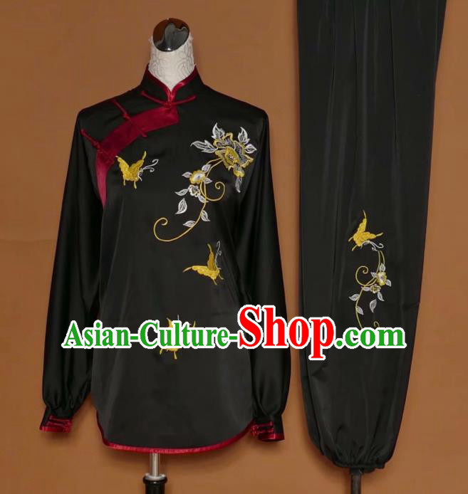 Chinese Tai Chi Embroidered Peony Butterfly Black Silk Garment Outfits Traditional Kung Fu Martial Arts Training Costumes for Women