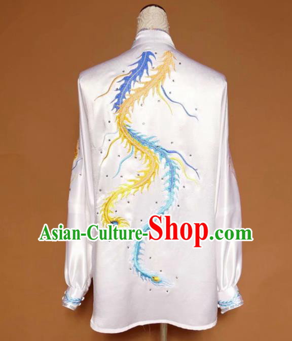 Chinese Tai Chi Embroidered Phoenix White Silk Garment Outfits Traditional Kung Fu Martial Arts Training Costumes for Women