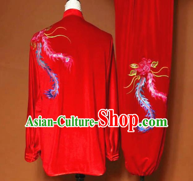 Chinese Tai Chi Embroidered Phoenix Red Velvet Garment Outfits Traditional Kung Fu Martial Arts Training Costumes for Women