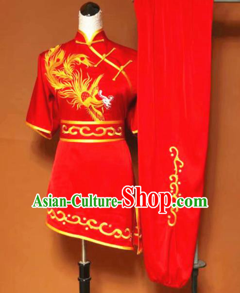 Chinese Tai Chi Embroidered Phoenix Red Garment Outfits Traditional Kung Fu Martial Arts Training Costumes for Women