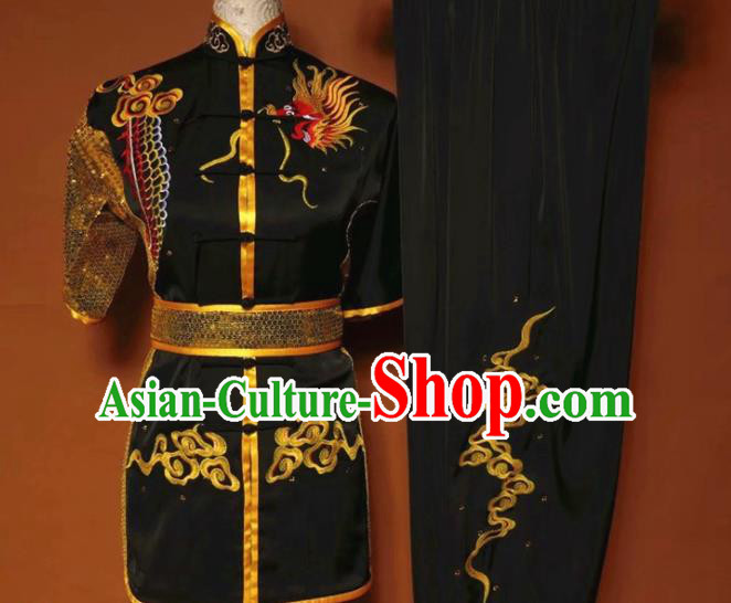 Chinese Tai Chi Changquan Embroidered Dragon Black Garment Outfits Traditional Kung Fu Martial Arts Costumes for Adult