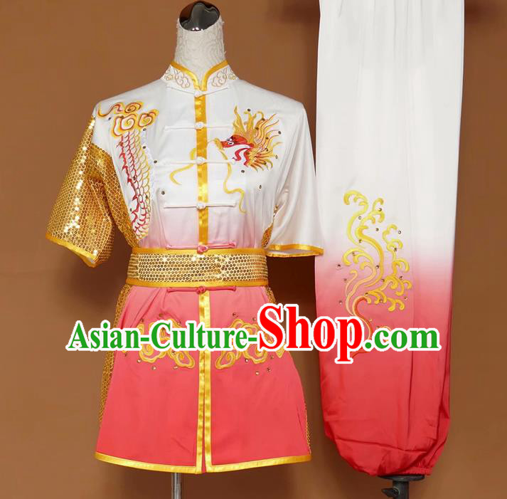 Chinese Tai Chi Changquan Embroidered Dragon Pink Garment Outfits Traditional Kung Fu Martial Arts Costumes for Adult