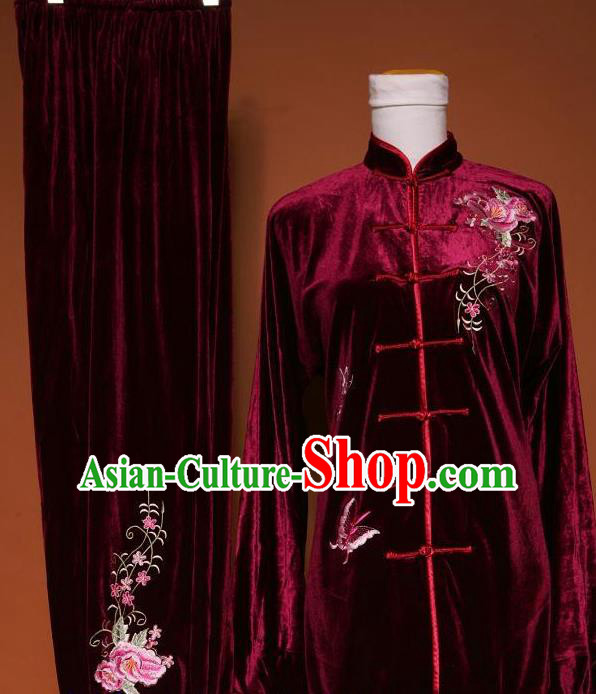 Chinese Tai Chi Embroidered Peony Butterfly Purplish Red Velvet Garment Outfits Traditional Kung Fu Martial Arts Training Costumes for Adult