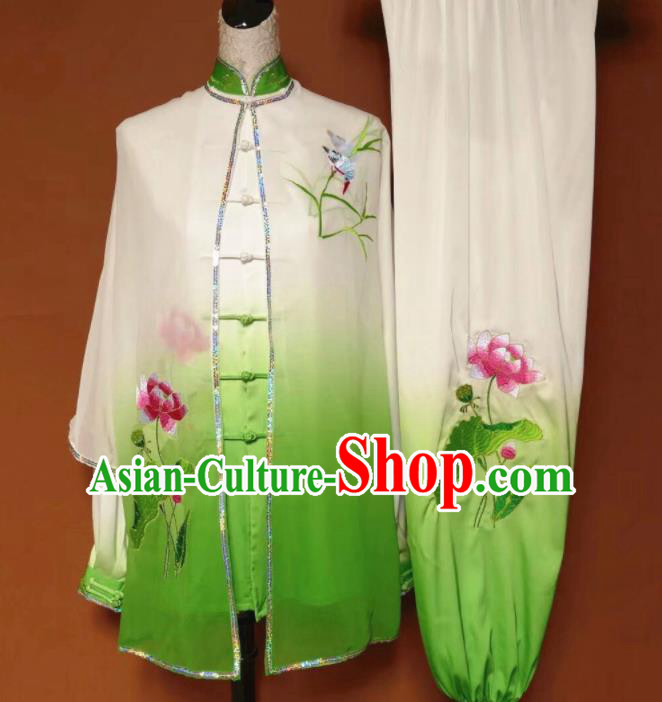 Chinese Tai Chi Changquan Embroidered Lotus Green Garment Outfits Traditional Kung Fu Martial Arts Costumes for Adult
