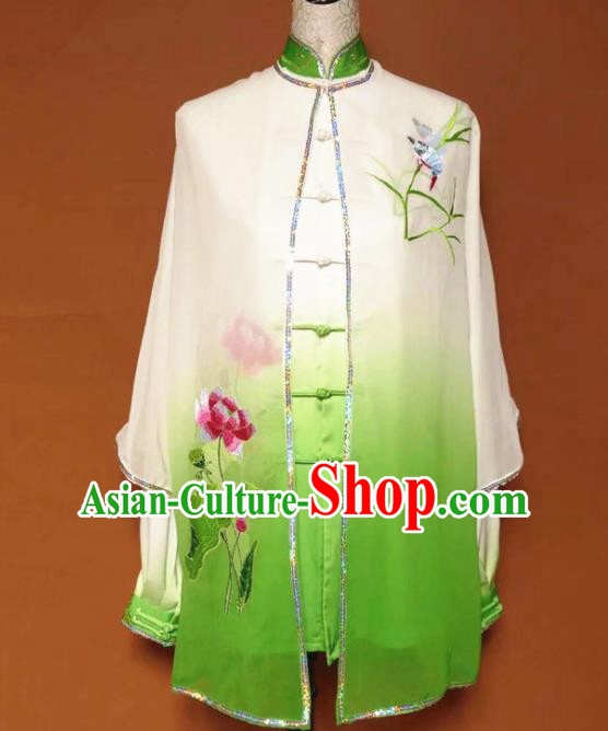 Chinese Tai Chi Changquan Embroidered Lotus Green Garment Outfits Traditional Kung Fu Martial Arts Costumes for Adult