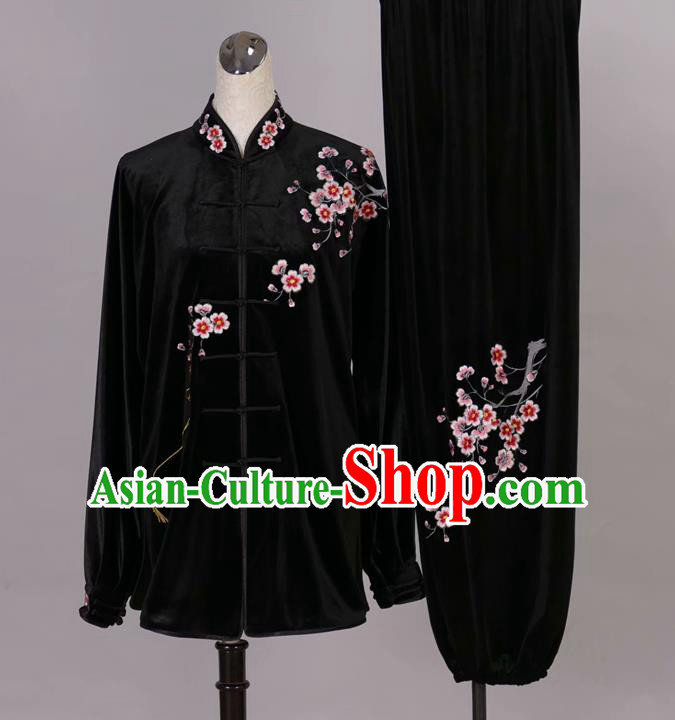 Chinese Tai Chi Embroidered Plum Black Velvet Garment Outfits Traditional Kung Fu Martial Arts Training Costumes for Adult