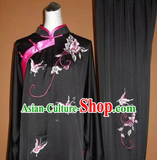 Chinese Tai Chi Embroidered Butterfly Peony Black Garment Outfits Traditional Kung Fu Martial Arts Training Costumes for Women